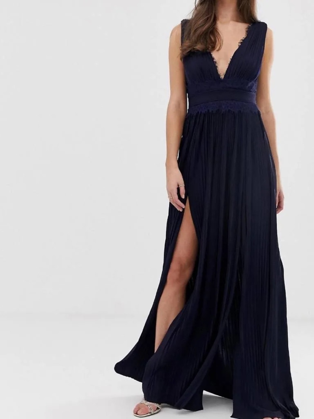 ASOS Navy Deep V-Neck Pleated Maxi Dress with Side Slit